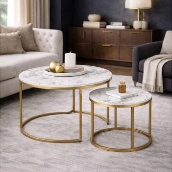 ЕВРОМАР Комплект кръгли холни маси paola бял мрамор / златно