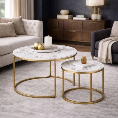 ЕВРОМАР Комплект кръгли холни маси paola бял мрамор / златно