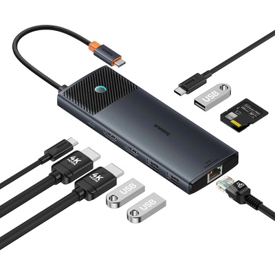 Baseus Metal Gleam Series Хъб, 10в1, USB-C към USB-C, PD, USB-C, 3x USB-A, 2x HDMI, RJ-45, SD, TF, черен