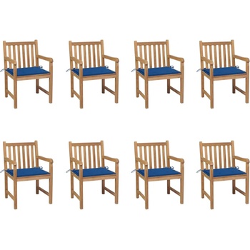 vidaXL Градински столове, 8 бр, кралскосини възглавници, тик масив (3073068)