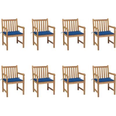 vidaXL Градински столове, 8 бр, кралскосини възглавници, тик масив (3073068)