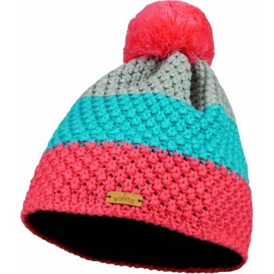 Bontis dětská trojbarevná pletená zimní čepice s bambulí růžová / tyrkysová / šedá