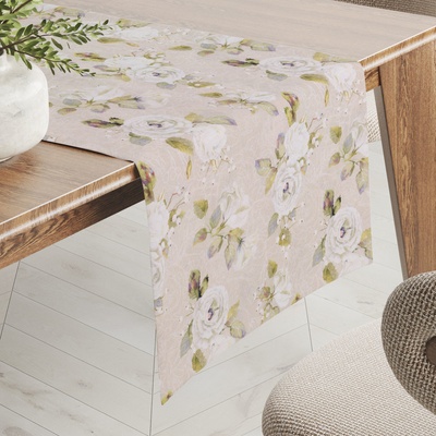 Biante Dekoračný behúň PML-059 Biele ruže s perokresbou na béžovom 20x120 cm