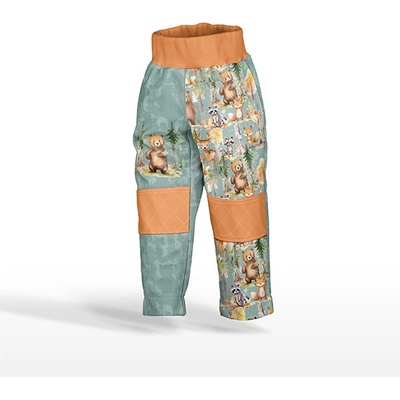 Takoy Panel se střihem 86 softshell kalhoty lesní dobrodružství zvířátek tmavá máta