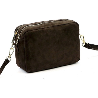 Tmavě hnědá dvouzipová crossbody kabelka z broušené kůže