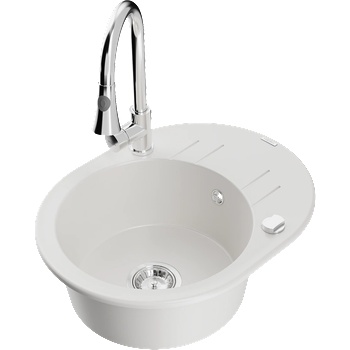 Mexen Kevin Кухненска мивка от гранит с 1 гнездо и отцедник и кухненски смесител Elia, бял - 6517-20-670101-00 (6517-20-670101-00)