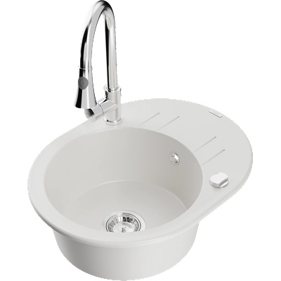 Mexen Kevin Кухненска мивка от гранит с 1 гнездо и отцедник и кухненски смесител Elia, бял - 6517-20-670101-00 (6517-20-670101-00)