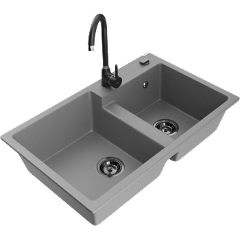 Mexen Tomas гранитна кухненска мивка с 2 корита и кухненски смесител Telma, сив - 6516-71-670200-70-B (6516-71-670200-70-B)