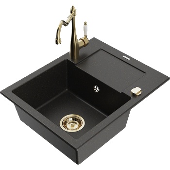 Mexen Enzo гранитна мивка с 1 отделение и отцедник и кухненски смесител Carla, черен/златен металик - 6506-75-670700-50 (6506-75-670700-50)