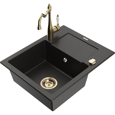 Mexen Enzo гранитна мивка с 1 отделение и отцедник и кухненски смесител Carla, черен/златен металик - 6506-75-670700-50 (6506-75-670700-50)