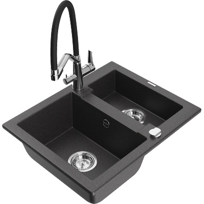 Mexen Carlos гранитна кухненска мивка с 1, 5 камери и кухненски смесител Duo, черна на капки - 6518-76-671701-07 (6518-76-671701-07)