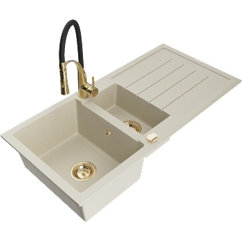 Mexen Andres гранитна мивка 1, 5-камерна с отцедник и кухненски смесител Aster, бежов - 6515-69-73450-57-G (6515-69-73450-57-G)