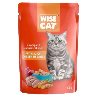 Wise Cat - Пауч за котки, вкусни парченца пилешко месо в сос, 24 броя х 100 гр
