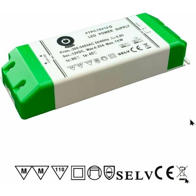 POS, 75W Nábytkový napájecí zdroj stmívatelný TRIAC, FTPC75V12-D, 12V, 6,25A, IP20
