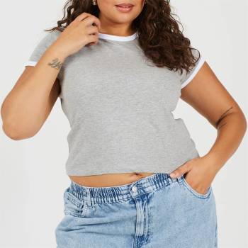 Brave Soul BS Plus Size Short Sleeve T-shit with Contrast Neck and Sleeve Rib - Grey/White