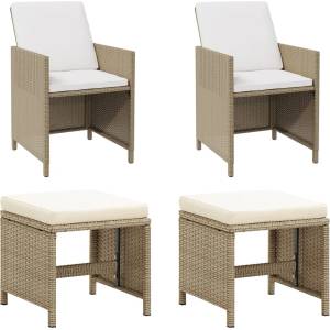 vidaXL Градински столове с табуретки, 2 бр, полиратан, бежови (316781)