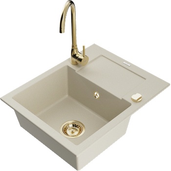 Mexen Enzo еднокамерен гранитен мивка с отцедник и кухненски смесител Telma, бежов - 6506-69-670200-50 (6506-69-670200-50)