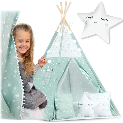 Nukido Dětské teepee se světýlky mátové s hvězdičkami