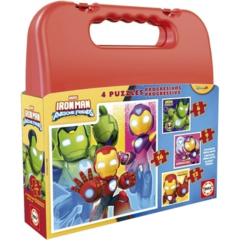 Educa Детски пъзел в куфарче Educa 4 в 1 - Железният човек и неговите приятели (EDU20344)