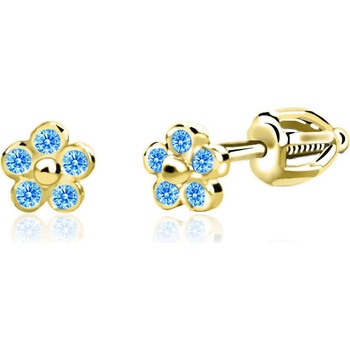 Duppi detské náušnice nezábudky DU 70549 zo žltého zlata s kamienkami tmavo modrými zapínanie balónik