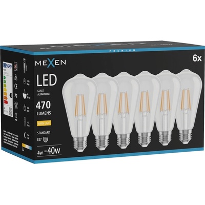 Mexen Vintis 6x LED филамент крушка E27, ST64, 4W, Топла - 2700K, 470 lm, прозрачна (L152-E27-0427-00x06)