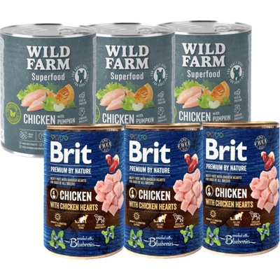Brit Premium by Nature Kuracie mäso s kuracími srdiečkami 3 x 800 g + Wild Farm Superfood Kuracie mäso 3 x 800 g