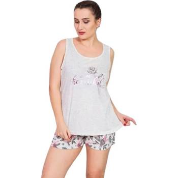 Бяла макси пижама със сиви пръски, роза и надпис