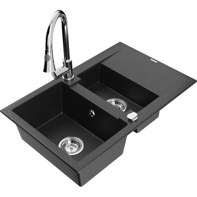 Mexen Gaspar гранитна мивка с 1, 5 камери с отцедник и кухненски смесител Elia, черен/сребрист металик - 6507-73-670101-00 (6507-73-670101-00)