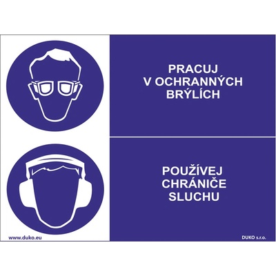 DUKO PRACUJ V OCHRANNÝCH BRÝLÍCH - POUŽÍVEJ CHRÁNIČE SLUCHU Formát: 200 x 150 mm, Materiál: plast 1 mm, samolepící vinylová fólie