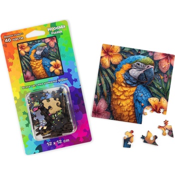 WoodMix Puzzles Дървен пъзел WoodMix, Животни, 40 части - Папагал и цветя (WM-P40-0044)