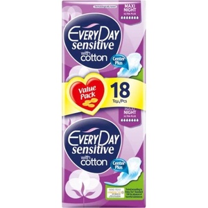 EVERYDAY Sensitive Maxi Night Ultra Plus Дамски превръзки с крилца 18 бр