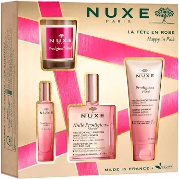 Nuxe Happy In Pink suchý olej Huile Prodigieuse Florale 100 ml + sprchový gel Prodigieux Floral 100 ml + EDP Prodigieux Floral 15 ml + svíčka Prodigieux Floral 70 g dárková sada