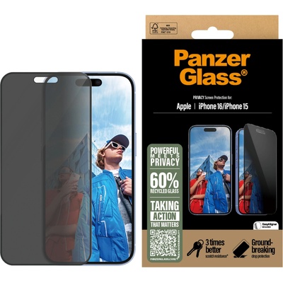 Panzer Стъклен протектор PanzerGlass за iPhone 16, 15, Privacy, Ultra-Wide Fit