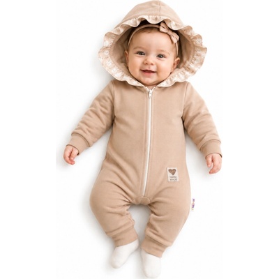 Baby Nellys Teplákový overal s kapucí a volánkem New Bunny cappuccino – Zboží Mobilmania