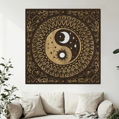 dřevo života Dřevěná 5 vrstvá mandala YIN YANG Zvolte rozměr šxv (cm): 95, Zvolte barevný dekor: wenge-dub zlatý