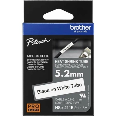 Brother originál páska do tlačiarne štítkov, Brother, HSE-211E, čierny tlač/biely podklad, 1.5m, 5.2mm