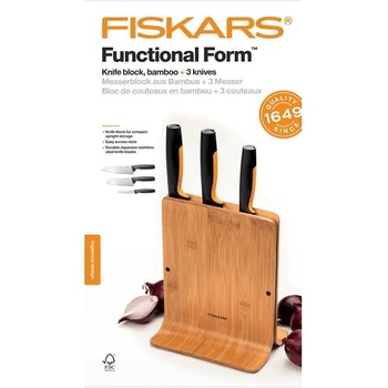 Fiskars Комплект ножове Functional Form New с бамбукова поставка, 3 броя (FS 1057553)