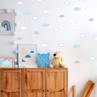 INSPIO Nálepka Nálepky do izby - Obláčiky v modrých a sivých farbách guličky a bodky, hviezdy a oblaky modrá, sivá, plnofarebný motív rozmery 30x90