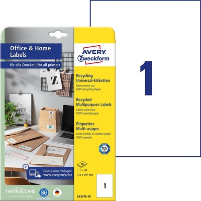 Avery-Zweckform LR3478-10 etikety 210 x 297 mm recyklovaný papier biela 10 ks trvalé univerzálne etikety