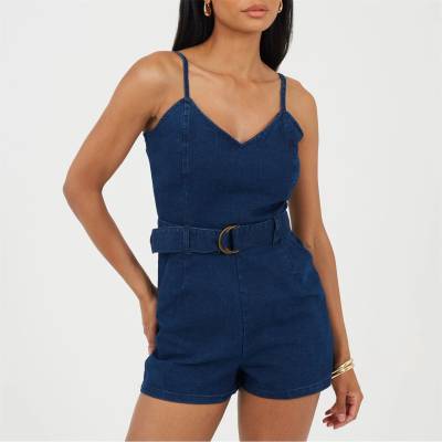 Brave Soul Дамски гащеризон Brave Soul Womens Denim Playsuit with Belt - Dark Blue