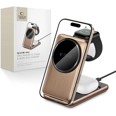 Tech-Protect Зарядна станция 3 в 1 с MagSafe 15W за iPhone, AirPods и Apple Watch от Tech-Protect QI15W-A42 - Desert Gold (5906302380176)
