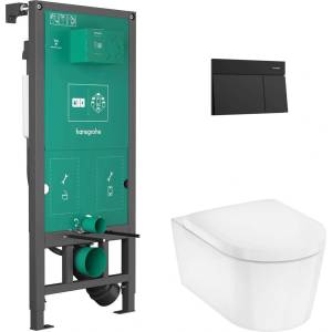 Hansgrohe EluPura S - Комплект за стенен монтаж, тоалетна чиния EluPura S и седалка SoftClose, бутон iFrame Element E, матово черно 60303670 (60303670)