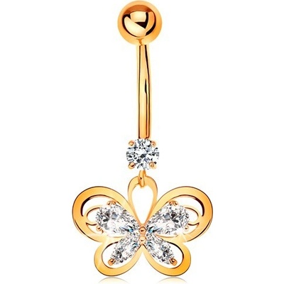 Šperky eshop piercing do pupíku ze žlutého zlata kontura motýla s čirými zirkony GG185.34