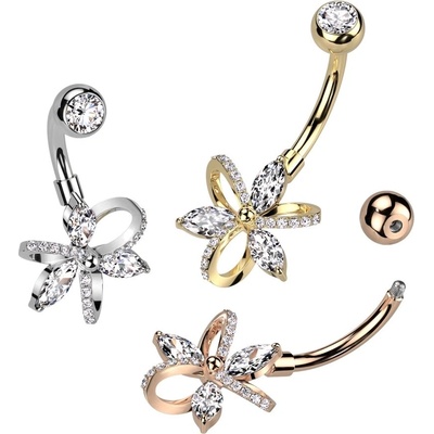 Šperky eshop ocelový piercing do pupíku květina s kulatými a zrnitými zirkony W46.18 Růžová zlatá