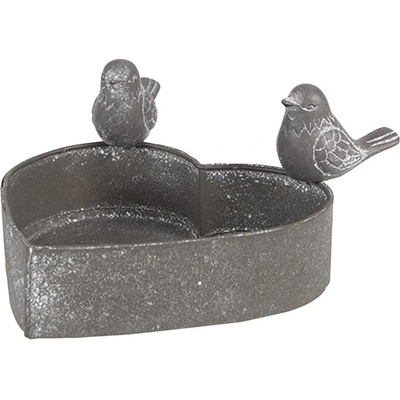 Clayre & Eef Šedý plechový květináč ve tvaru srdce s ptáčky 14x12x7 cm