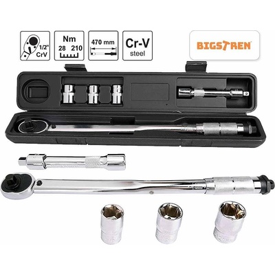 Bigstren Ключ динамометричен 1/2", 28-210Nm, BIGSTREN, с удължител и вложки 17, 19, 21 мм (UNI-07886)