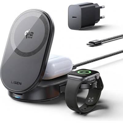 Lisen Безжична станция за зареждане 3 в 1 Lisen W121 (YL0325080017) - с 45W адаптер, бързо зареждане, MagSafe 25W, Qi2.2 - Черен