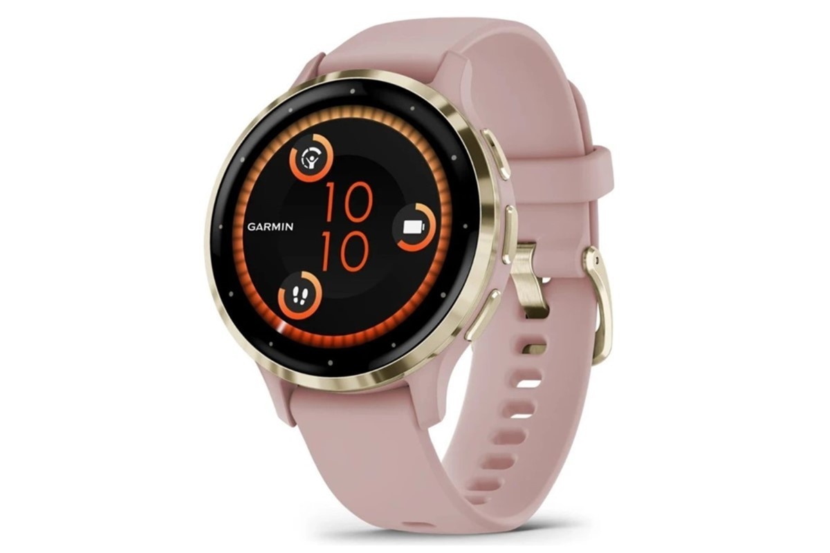 Garmin Venu 3s arany tokban és rózsaszín szíjjal