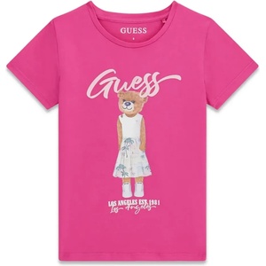 GUESS Цикламена тениска за момиче с цветно мече и розов надпис Guess