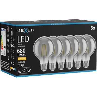 Mexen Vintis 6x LED филaмент крушка E27, G80, 8W, Топла - 2700K, 680 lm, опушен - L155-E27-0827-70x06 (L155-E27-0827-70x06)